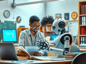 A_harmonious_scene_depicting_a_human_and_a_machine_working_together_in_an_educational_setting_The_human_a_diverse_educator_is_engaged_in_a_collaborative_task_with_a_friendly_futuristic_AI_robot_They_are_surro