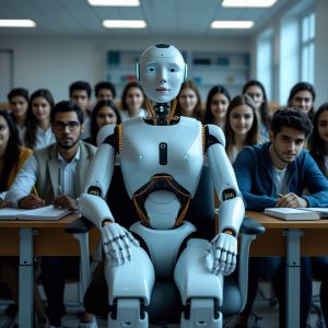 Imagen de un grupo de estudiantes con un robot de IA en una universidad.