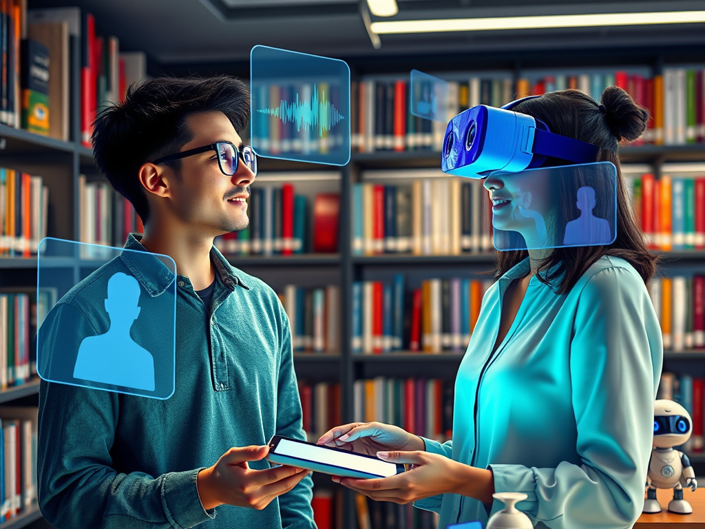 Imagen de un alumno con un profe y tecnología IA