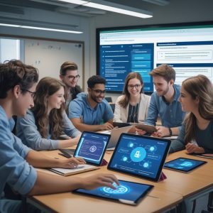 Grupo de estudiantes universitarios con tablets.