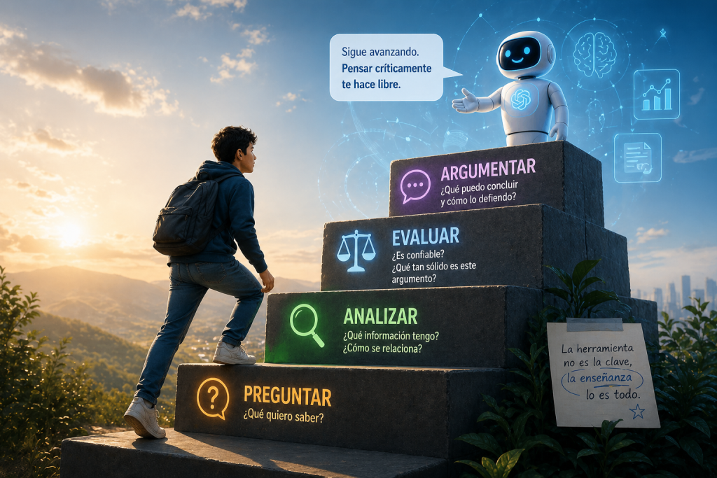 Chatbot alentando a un estudiante a desarrollar el pensamiento crítico